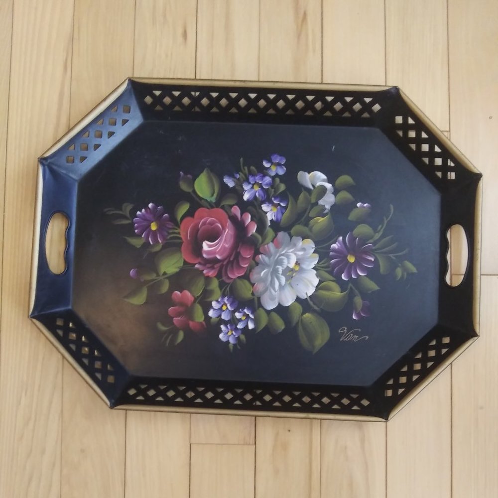 Hand-Painted Black Toleware Tray Florals pierced decorative Rim Signed Van